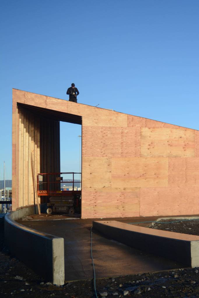 Give &lsquo;em shelter Dave Louk of Last Frontier Roofing works on the roof of the new Boat House at the harbor near Ramp 2. The pavillion is under construction at the site of the old harbor office and when finished will provide shelter for harbor users. (Photo by Michael Armstrong, Homer News)