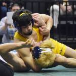 Homer junior Luciano Fasulo maintains control of Dillingham&rsquo;s Jesse Noden in the 132-pound final Saturday night at the Division II state wrestling championships at the Alaska Airlines Center in Anchorage. (Photo by Joey Klecka/Peninsula Clarion)