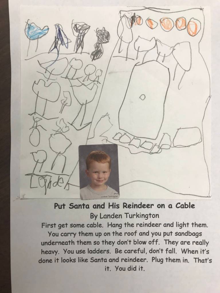 This holiday instruction made by Landen Turkington is part of an 18-page &ldquo;How to Get Ready for the Holidays&rdquo; book created by the students of Jennifer Reinhart&rsquo;s kindergarten class. (Photo courtesy Jennifer Reinhart)