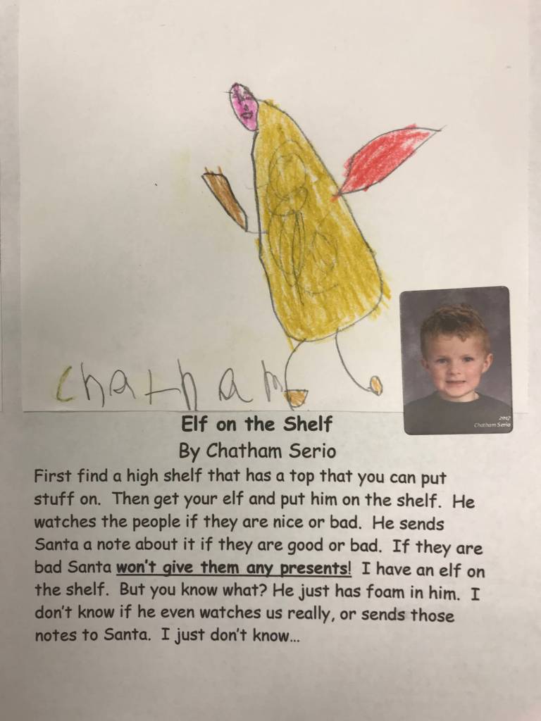 This holiday instruction made by Chatham Serio is part of an 18-page &ldquo;How to Get Ready for the Holidays&rdquo; book created by the students of Jennifer Reinhart&rsquo;s kindergarten class. (Photo courtesy Jennifer Reinhart)