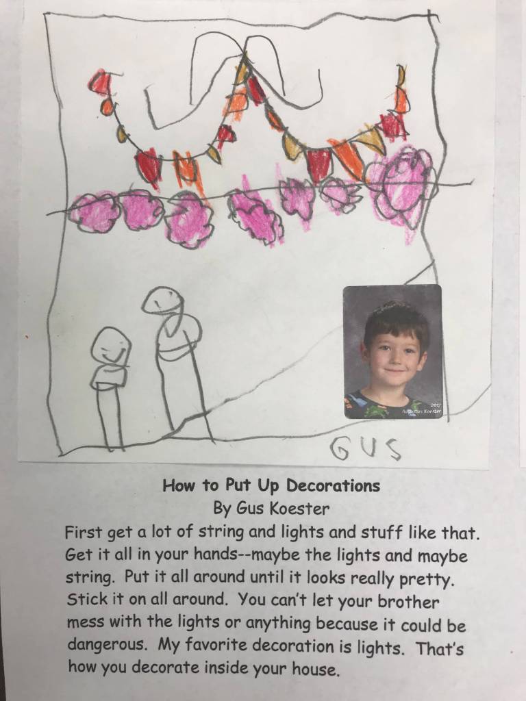 This holiday instruction made by Gus Koester is part of an 18-page &ldquo;How to Get Ready for the Holidays&rdquo; book created by the students of Jennifer Reinhart&rsquo;s kindergarten class. (Photo courtesy Jennifer Reinhart)