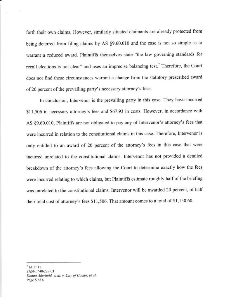 Judge grants partial attorney’s fees to recall election intervenor Heartbeat of Homer gets $1,150.60