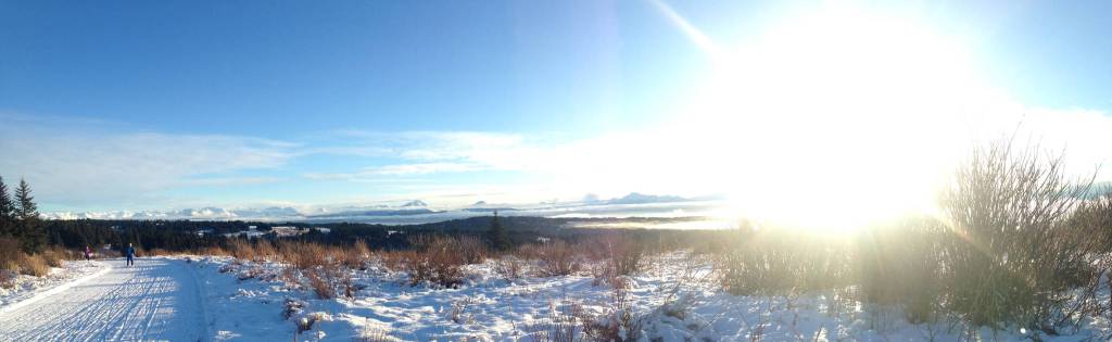 Skiers do the Sunset Loop Sunday on the Kachemak Nordic Ski Club trails on Diamond Ridge. Through the trailhead at the Diamond Ridge Fire Station, skiers can access the trail with a fabulous view of Kachemak Bay. (Photo by Michael Armstrong, Homer News)