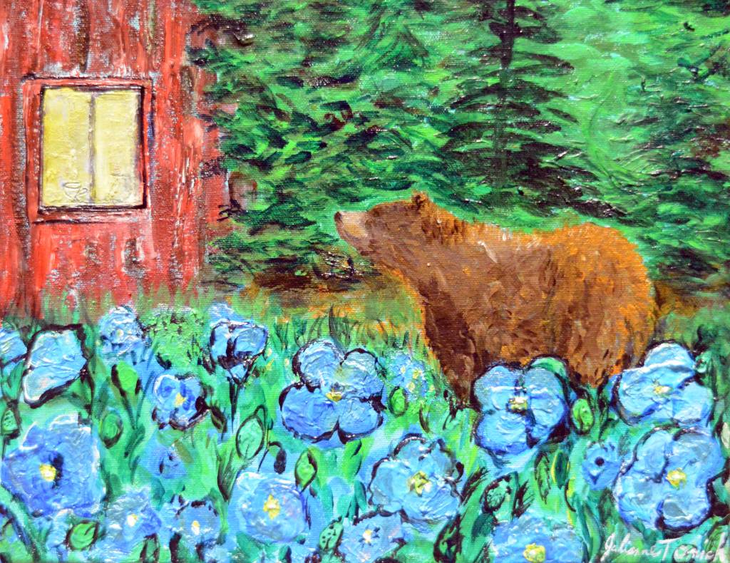 One of Homer artist Julianne Tomich&rsquo;s paintings from her show, &ldquo;Bears in Flowers,&rdquo; at Grace Ridge Brewery.
