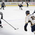 Homer&rsquo;s Tucker Weston moves to block Soldotna&rsquo;s Alex Montague as he skates down the rink with the puck during their Tuesday, Jan. 16, 2017 game at the Kevin Bell Arena in Homer, Alaska. The Mariners rolled over the Stars 10-1. (Photo by Megan Pacer/Homer News)