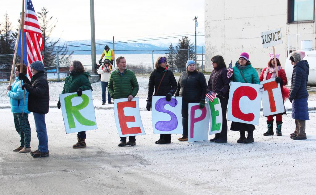 Homer area residents line up to march down Pioneer Avenue during the Women&rsquo;s March on Homer 2018 on Saturday, Jan. 20, 2018 in Homer, Alaska. (Photo by Megan Pacer/Homer News)
