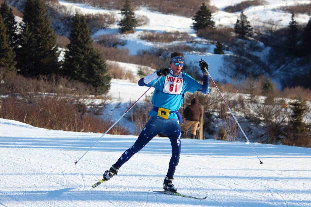 Soldotna High School&rsquo;s John-Mark Pothast skies to victory in the varsity boys&rsquo; 5 kilometer skate ski race Saturday, Feb. 3, 2018 at the Lookout Mountain Ski Trails near Homer, Alaska. Pothast also took first in the varsity boys&rsquo; classic 5K race on Friday. (Photo by Megan Pacer/Homer News)