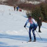 Soldotna&rsquo;s John-Mark Pothast skates into the finish line to take first place in the varsity boys&rsquo; 5 kilometer classic race Friday, Feb. 2, 2018 at the Homer ski invitational at the Lookout Trails near Homer, Alaska. (Photo by Megan Pacer/Homer News)