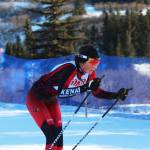 Kenai Central&rsquo;s Riana Boonstra skates into the finish line to take first place in the varsity girls&rsquo; 5 kilometer classic race Friday, Feb. 2, 2018 at the Homer ski invitational at the Lookout Trails near Homer, Alaska. (Photo by Megan Pacer/Homer News)