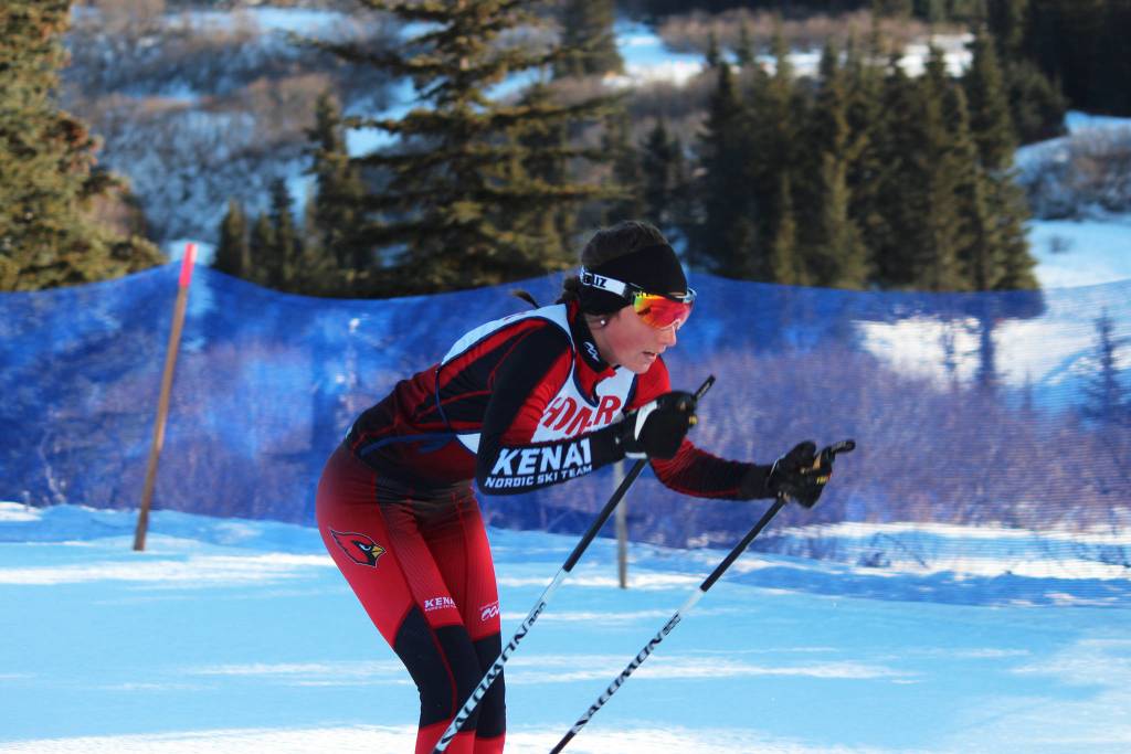 Kenai Central&rsquo;s Riana Boonstra skates into the finish line to take first place in the varsity girls&rsquo; 5 kilometer classic race Friday, Feb. 2, 2018 at the Homer ski invitational at the Lookout Trails near Homer, Alaska. (Photo by Megan Pacer/Homer News)