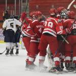 The Wasilla Warriors celebrate a 4-2 semifinal victory over Homer, Friday at the North Star Conference tournament at the Soldotna Regional Sports Complex. (Photo by Joey Klecka/Peninsula Clarion)