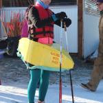 Alina Rykaczewski prepares for the 2018 Homer Ski for Women in her kayak costume Sunday, Feb. 4, 2018 at the Lookout Mountain Ski Trials. Her costume was dedicated to the late Barb Hrenchir, an avid local skier and kayaker. (Photo by Megan Pacer/Homer News)