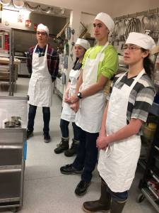Thirteen Homer High School students visited the Alaska Vocational Training Education Center in Seward on Feb. 8 to tour their programs. These four students chose the culinary program to shadow. From left to right are Desmond Vanliere, Sariah Whaley, Andy Super, Isaac Jump. Other students went to Welding, Electrical, and Welding. All the students were pretty serious about attending AVTEC in their chosen field. The school district&rsquo;s Career and Technical Education program paid for the trip and the over night accommodations (Photo by Lin Hampson)