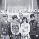 The 1968 Homer High School Mariner Girl Ski Team poses for a photo in 1968 in front of the old high school, now the Homer Education and Recreationa Complex. From let to right are Sally Barnet, Sharon Cooper, Coach David Schroer, Linda Poindexter and Gayle Gregory. (Photo provided by Larry Martin)