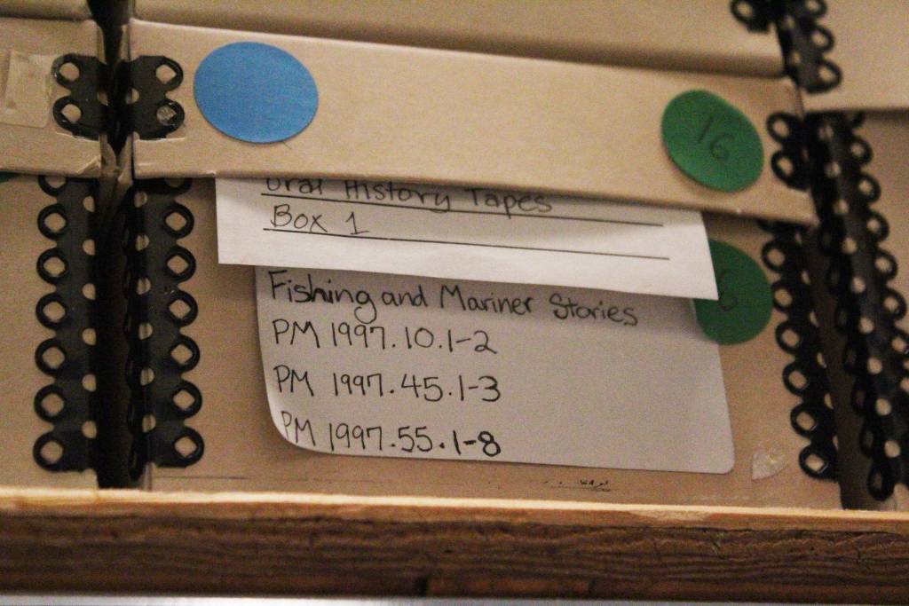 A box of audio recordings rests on a shelf in the cultural collections room of the Pratt Museum on Thursday, Feb. 15, 2018 in Homer, Alaska. (Photo by Megan Pacer/Homer News)