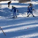 Homer Middle School cross-country skiers Delta Fabich, Hannah Stonorov and Olivia Glasman (foreground), and Delilah Harris and Eryn Field (background) race about the course Friday, Feb. 16 at the Lookout Mountain Ski Trails near Homer, Alaska. (Photo submitted)