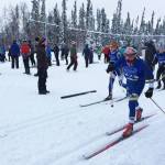 Autumn Daigle (far right) skies during the ASAA First National Bank Alaska Nordic Ski Championships, held Friday and Saturday, Feb. 23-24, 2018 at the Birch Hill ski area in Fairbanks, Alaska. (Photo by Jana Davis)