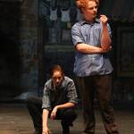 Homer High School students Marissa Geissler (let) and Theodore Castellani, as Riff, perform a scene from &ldquo;West Side Story&rdquo; during a dress rehearsal Tuesday, March 20, 2018 at the Mariner Theatre in Homer, Alaska. The musical is this year&rsquo;s production for the school&rsquo;s Concert Choir class, and and was last performed by the high school 15 years ago. (Photo by Megan Pacer/Homer News)