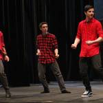From left to right: Xander Kulhanek, Simon Lopez, and David Weisser perform a dance sequence as members of the Shark gang in &ldquo;West Side Story&rdquo; during a dress rehearsal Tuesday, March 20, 2018 at the Mariner Theatre in Homer, Alaska. The musical is this year&rsquo;s production for the school&rsquo;s Concert Choir class, and and was last performed by the high school 15 years ago. (Photo by Megan Pacer/Homer News)