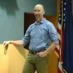 Ben May, owner of Anchorage Solar, speaks about solar energy systems at a talk last Thursday, March 22, 2018, at the Alaska Islands and Ocean Visitor Center, Homer. (Photo by Michael Armstrong, Homer News)