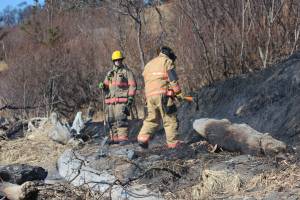 Members of the Homer Volunteer Fire Department finish putting out a campfire that got out of control Friday, March 30, 2018 on Bishop&rsquo;s Beach in Homer, Alaska. Residents walking on the beach saw the unattended fire get out of control and begin to climb the bluff, when they called 911. (Photo by Megan Pacer/Homer News)