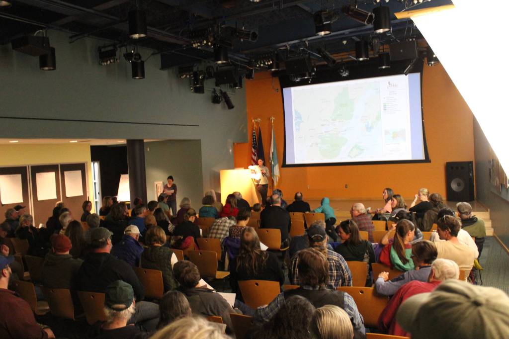 An update on the Pebble mine project presented by Cook Inletkeeper on Friday and a plea for the public&rsquo;s involvement drew a crowd that filled Alaska Islands and Ocean Visitor Center&rsquo;s auditorium. Those arriving late found themselves unable to get in. (Photo by McKibben Jackinsky)