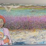 Homer artist Marjorie Scholl&rsquo;s new painting, &ldquo;Sharing Spaces Orange Roe,&rdquo; at an open house for the expanded and remodeled clinic last Friday, March 30, 2018 on Bartlett Street in Homer, Alaska. The South Peninsula Hospital Foundation commissioned and donated the painting to the clinic. (Photo by Michael Armstrong, Homer News)