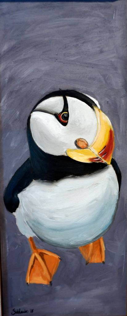 &ldquo;Purple Puff,&rdquo; one of Britni Siekaniec&rsquo;s paintings in her show, &ldquo;Salt,&rdquo; at Grace Ridge Brewery. The show opened April 6, 2018, in Homer, Alaska. (Photo by Michael Armstrong, Homer News)