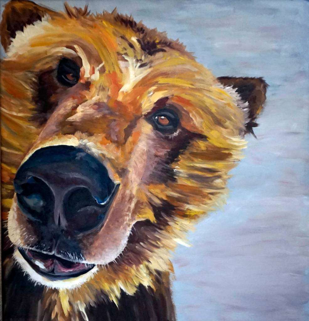&ldquo;Bear Puppy,&rdquo; one of Britni Siekaniec&rsquo;s paintings in her show, &ldquo;Salt,&rdquo; at Grace Ridge Brewery. The show opened April 6, 2018, in Homer, Alaska. (Photo by Michael Armstrong, Homer News)