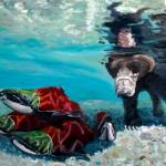 &ldquo;Salmon Dip,&rdquo; one of Britni Siekaniec&rsquo;s paintings in her show, &ldquo;Salt,&rdquo; at Grace Ridge Brewery. The show opened April 6, 2018, in Homer, Alaska. (Photo by Michael Armstrong, Homer News)