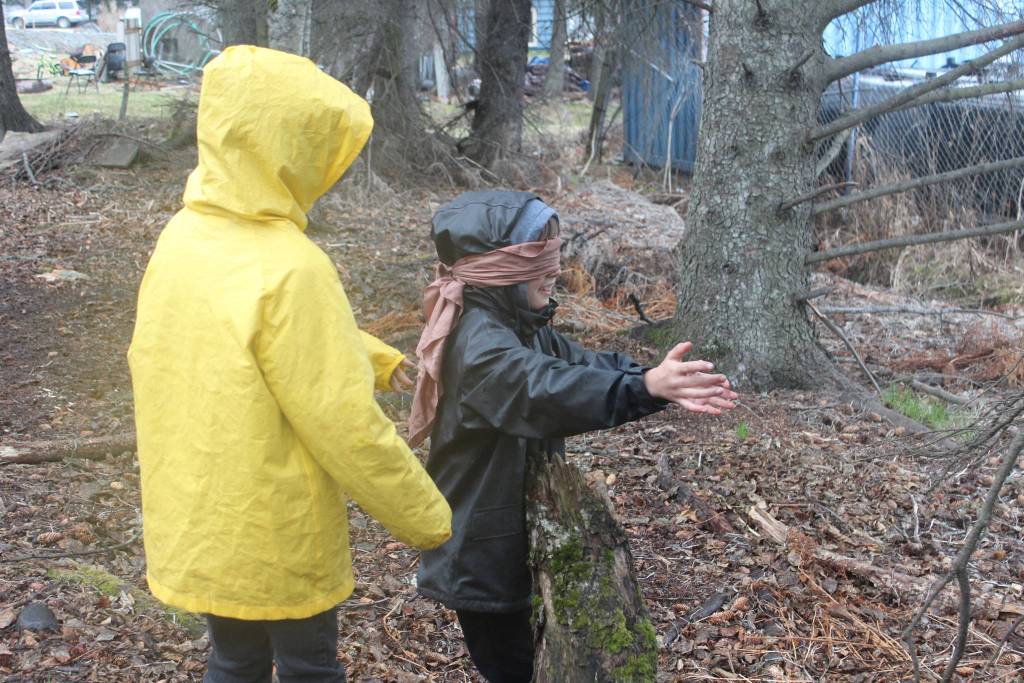 Charles Robinette, left, leads classmate Fox Strobel through the woods behind Little Fireweed Academy while Strobel is blindfolded during a game called &ldquo;Sneaky Sneaky Squirrel&rdquo; on Tuesday, April 24, 2018 at the school in Homer, Alaska. The Fireweed students are participating in several outdoor games and lessons through a mentorship program with Homer High School students. (Photo by Megan Pacer/Homer News)