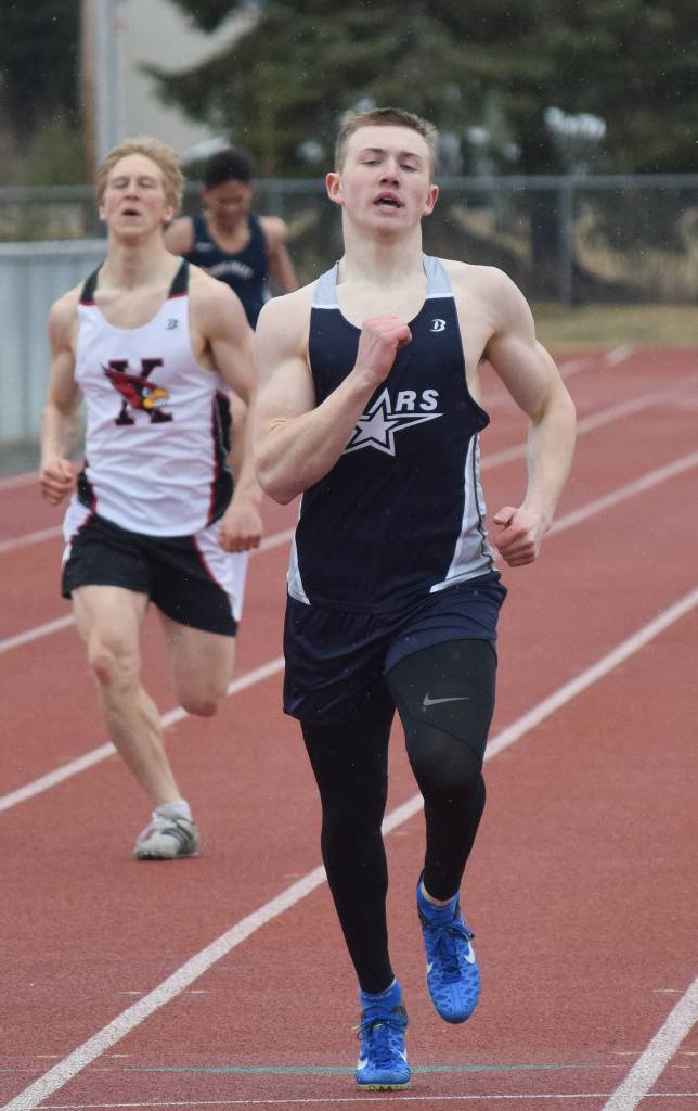 Soldotna senior Brenner Furlong approaches the finish of the boys 400-meter dash Saturday at the Kenai Invitational at Ed Hollier Field. (Photo by Joey Klecka/Peninsula Clarion)