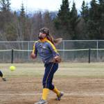 Photo by Megan Pacer/Homer News Homer&rsquo;s Annalynn Brown pitches the ball during the Homer High School softball team&rsquo;s game against Kenai Central High School Tuesday at Jack Gist Park in Homer.