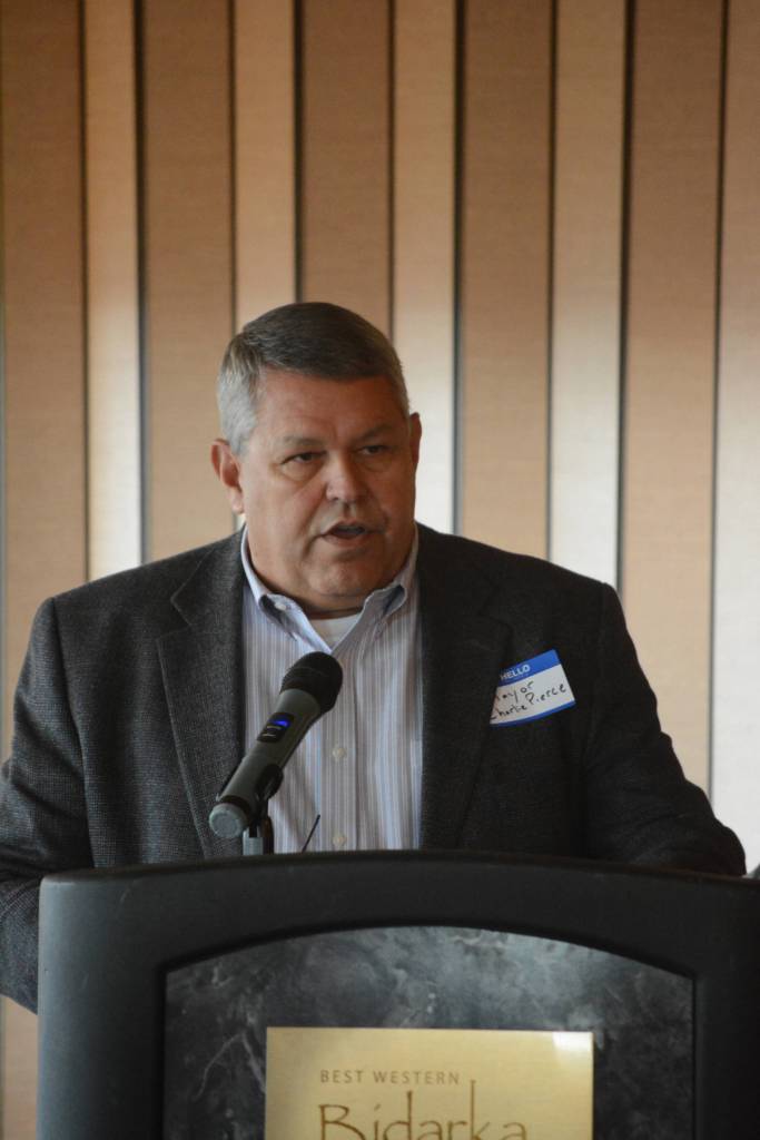 Kenai Peninsula Borough Mayor Charlie Pierce speaks at the Homer Chamber of Commerce and Visitor Center&rsquo;s luncheon on Tuesday, May 8, 2018, at the Best Western Bidarka Inn in Homer, Alaska. (Photo by Michael Armstrong/Homer News)