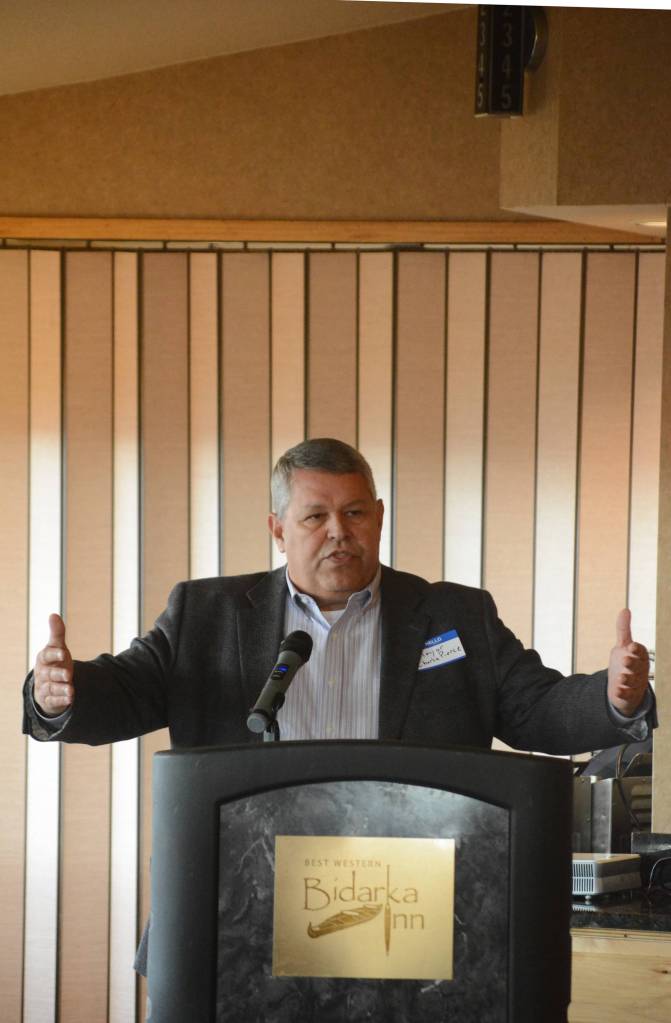 Kenai Peninsula Borough Mayor Charlie Pierce speaks at the Homer Chamber of Commerce and Visitor Center&rsquo;s luncheon on Tuesday, May 8, 2018, at the Best Western Bidarka Inn in Homer, Alaska. (Photo by Michael Armstrong/Homer News)