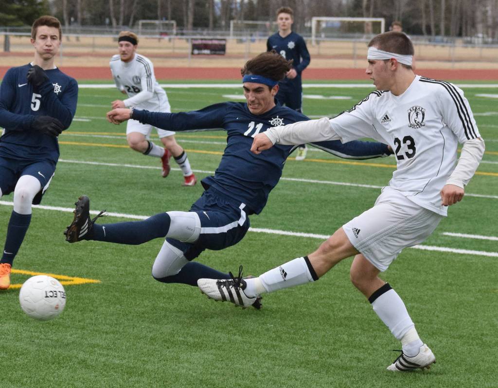 Photo by Joey Klecka/Peninsula Clarion Homer&rsquo;s Charlie Menke (11) attempts to intercept a shot taken by Kenai Central&rsquo;s Zack Tuttle Tuesday evening at Ed Hollier Field in Kenai.
