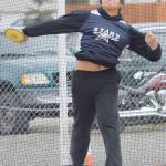 Soldotna&rsquo;s Ituau Tuisaula competes in the discus Saturday, May 12, 2018, in the Kenai Peninsula Borough track and field meet at Soldotna High School. (Photo by Jeff Helminiak/Peninsula Clarion)