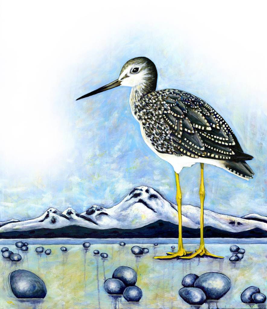Erin Rae D&rsquo;Eimon&rsquo;s painting for the 26th annual Kachemak Bay Shorebird Festival features a greater yellowlegs towering over Iliamna Volcano. (Photo provided)