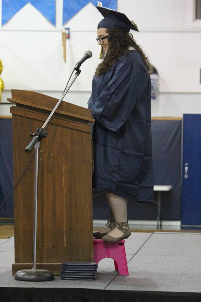Ninilchik School salutatorian Chelsea Oberle-Lozano gives her salutatorian address during her class&rsquo;s ceremony Monday, May 21, 2018 at the school in Ninilchik, Alaska. (Photo by Megan Pacer/Homer News)