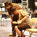 Peter Sheppard, left, and Matt Lees, right practice a scene from Samuel Beckett&rsquo;s &ldquo;Waiting for Godot.&rdquo; Sheppard directs the play, opening at 7 p.m. Friday, May 25, for the start of Pier One Theatre&rsquo;s 2018 season. (Photo by Richard Rose)