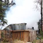 A dry cabin burns in a fire that started in the morning Tuesday, May 29, 2018 off Eagleaerie Avenue outside Homer, Alaska. The cabin was unoccupied at the time, and the two pigs belonging to the renter were saved. The cabin was declared a total loss. (Photo by Megan Pacer/Homer News)