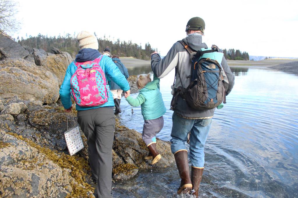 Britni and Casey Siekaniec hoist their daughter, Hadley, over some rocks on a guided tour of the Peterson Bay beach Thursday, May 24, 2018 across Kachemak Bay from Homer, Alaska. (Photo by Megan Pacer/Homer News)