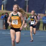 Seward&rsquo;s Ruby Lindquist kicks it in down the stretch of the Division II girls 800-meter race Saturday afternoon at the Alaska Track and Field state championship meet at Palmer High School. (Photo by Joey Klecka/Peninsula Clarion)