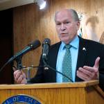 FILE - In this May 13, 2018, file photo, Alaska Gov. Bill Walker speaks with reporters after the Alaska Legislature finished its work and ended the extended legislative session in Juneau, Alaska. The governors race is shaping up to be a three-way, general election race between Democrat Mark Begich, independent Gov. Bill Walker and the eventual Republican nominee. (AP Photo/Becky Bohrer, File)