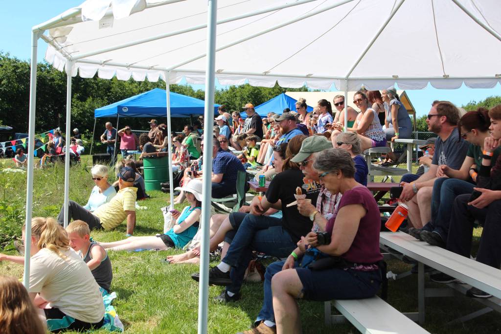 Locals and visitors watch several highland games unfold from a shaded spot on a hill during the Kachemak Bay Scottish Highland Games on Saturday, July 7, 2018 at Karen Hornaday Park in Homer, Alaska. (Photo by Megan Pacer/Homer News)