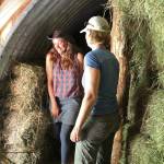 Ranja Dean shows Leah Evans Cloud and others the upper level of the donkey barn, currently filled with hay, during a tour of the farm she shares with her husband on Friday, July 6, 2018 at the property off East End Road near Homer, Alaska. (Photo by Megan Pacer/Homer News)