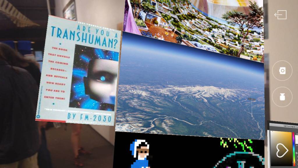 Images from the Dirigibles of Denali show at the Pratt Museum appear when viewed through the HP Reveal augmented reality app, as seen through a screen capture on an iPhone at the July 6, 2018 First Friday opening in Homer, Alaska. (Photo by Michael Armstrong/Homer News)