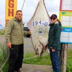 Bevilyn Wright, right, of Dalhart, Texas, stands next to her 194-pound halibut with Capt. Jared Berg, left.(Photo provided)