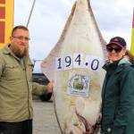 <span class="neFMT neFMT_PhotoCredit">Photo provided</span>                                Bevilyn Wright, right, of Dalhart, Texas, stands next to her 194-pound halibut with Capt. Jared Berg, left.