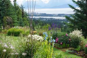 Flower beds in terraces frame a view of the Homer Spit at Joan Splinters garden on Reber Road off West Hill Road on July 30, 2017 in Homer, Alaska. Her garden was featured in the Homer Garden Clubs 2017 Summer Garden Tours. (Photo by Michael Armstrong/Homer News)